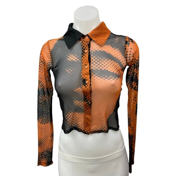 Urban Outfitters Orange Black Poster Print Mesh Button Crop Shirt Blouse Top XS - Picture 1 of 5